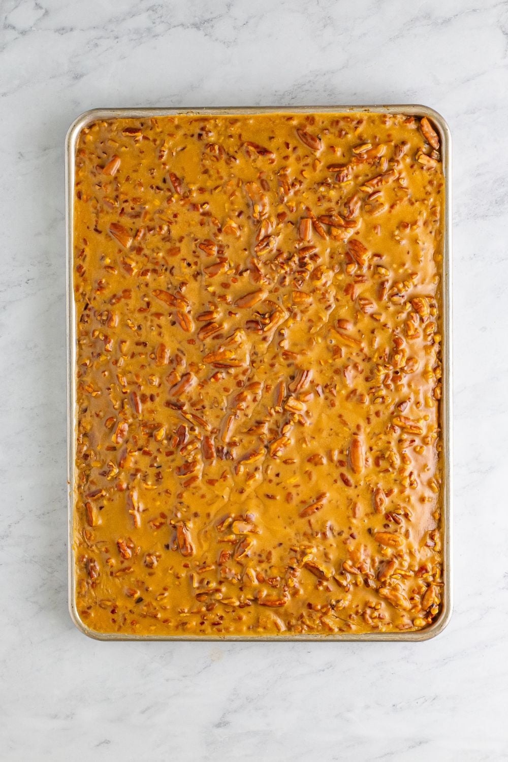 overhead look of Pumpkin Snack Cake with Praline Icing in pan on table