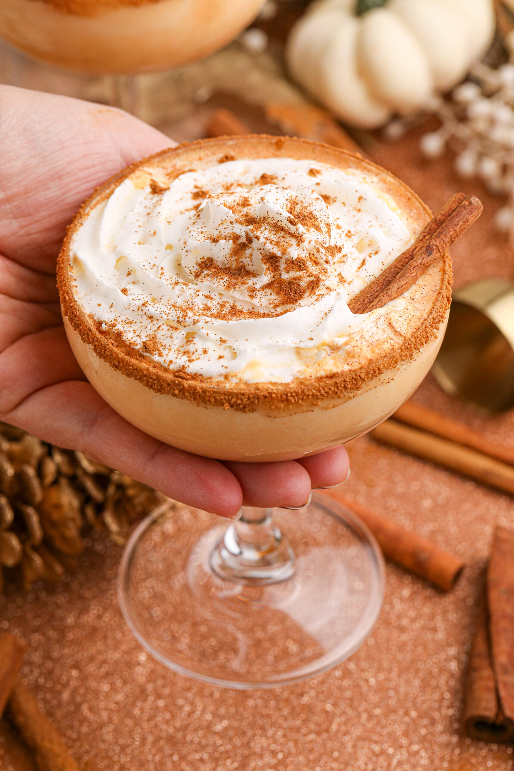 A hand holding up a glass of Pumpkin Pie Martini