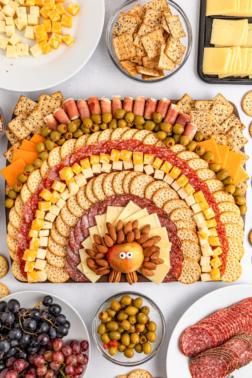 overhead look of a thanksgiving charcuterie board on table