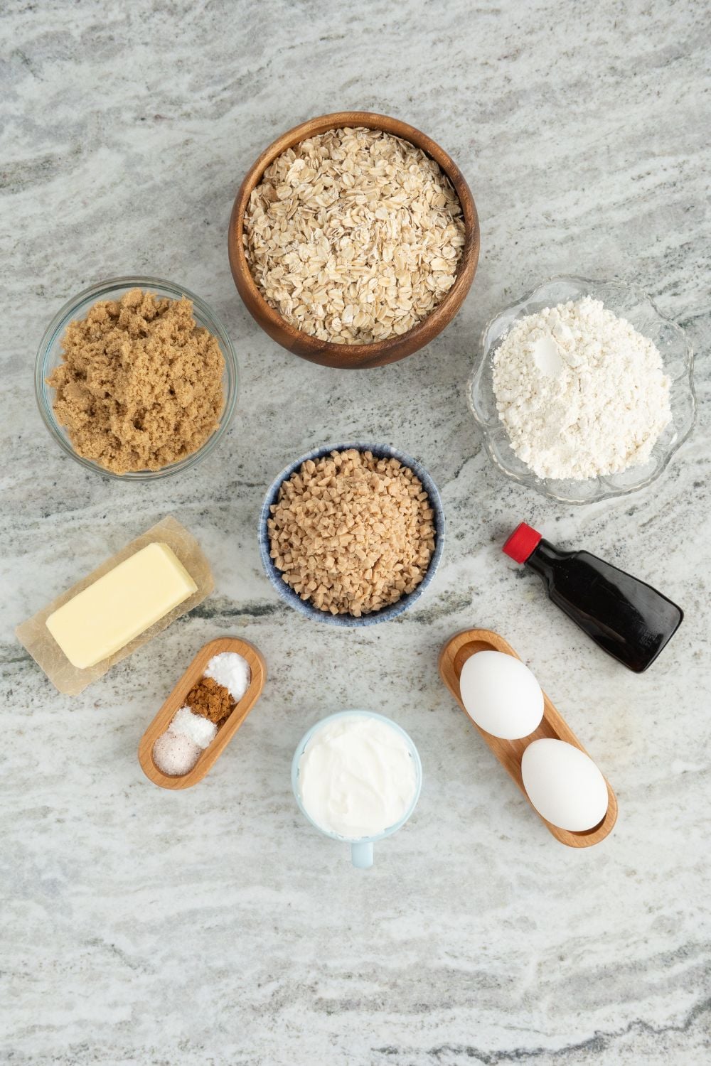 ingredients for Oatmeal Toffee Cookies in single serve bowls on table 