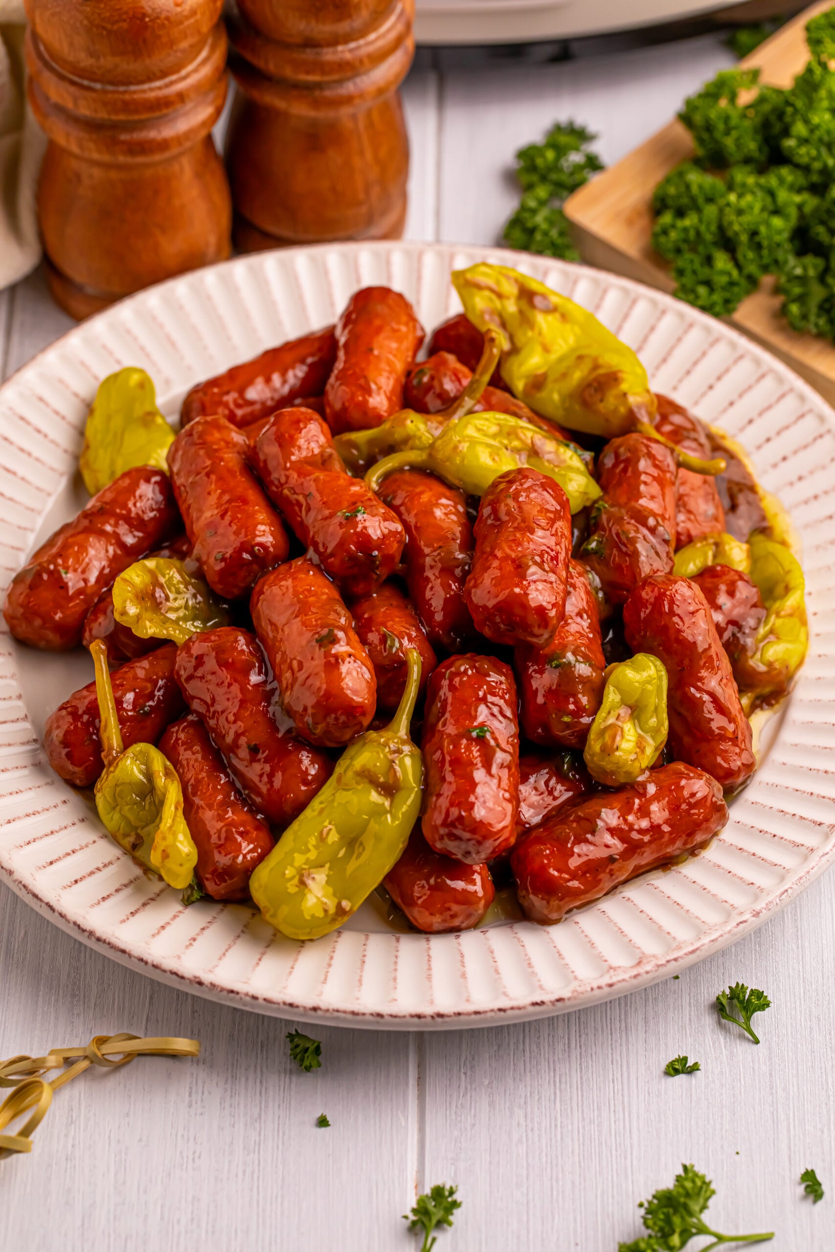 plate with Mississippi Lil Smokies and peppers on it 