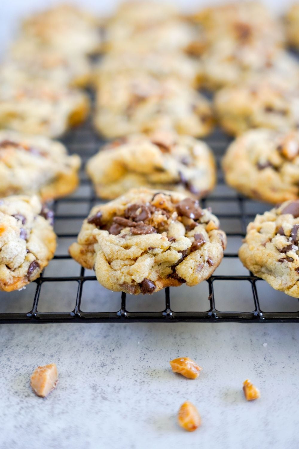 Chocolate Chip Toffee Cookies on cooling rack