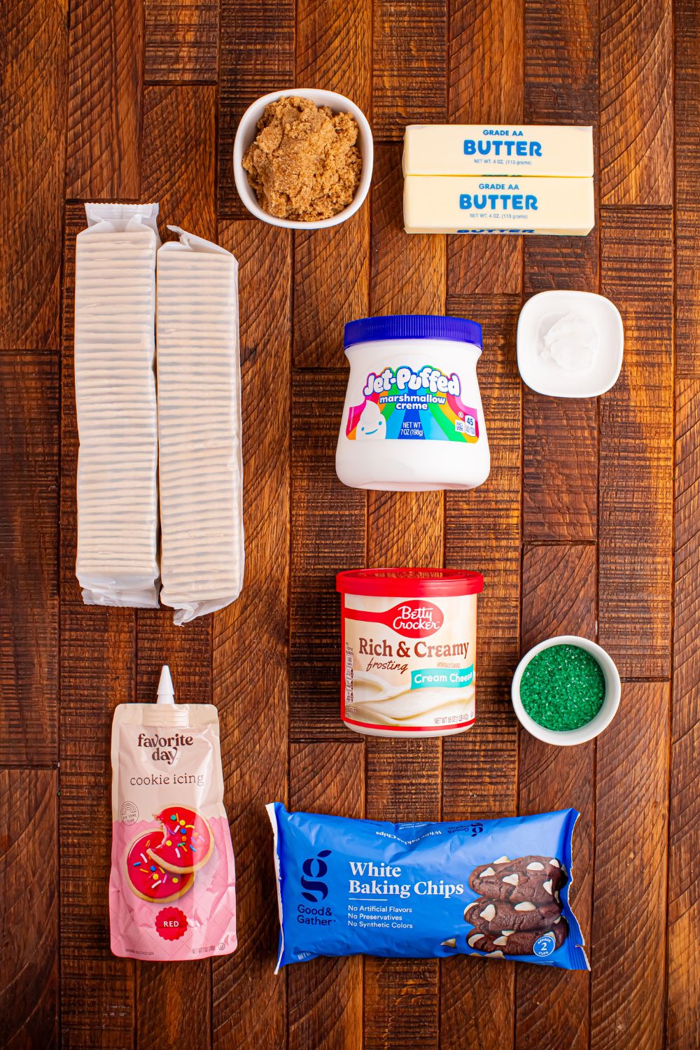 Christmas Tree Crack ingredients on wooden table in containers to show what all is needed 