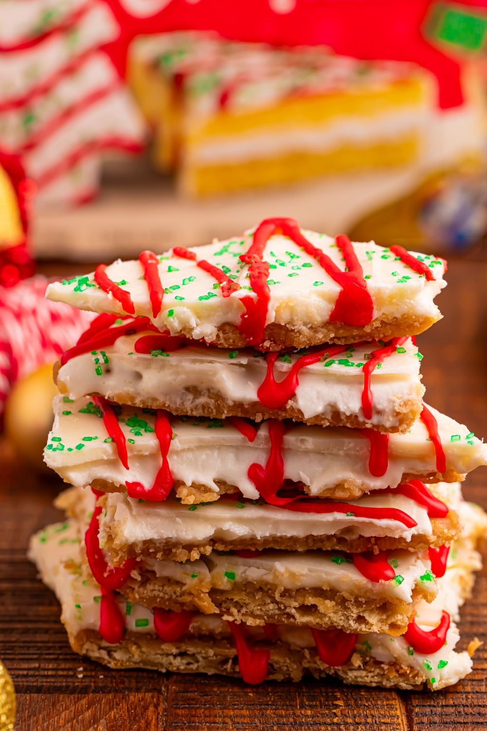 Christmas Tree Crack stacked on table with a box of Little Debbie cakes behind it 