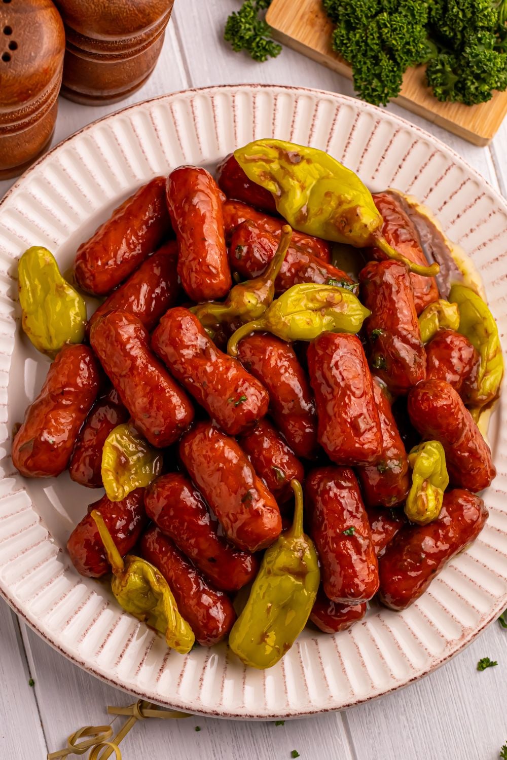 plate with Mississippi Lil Smokies and peppers on it 