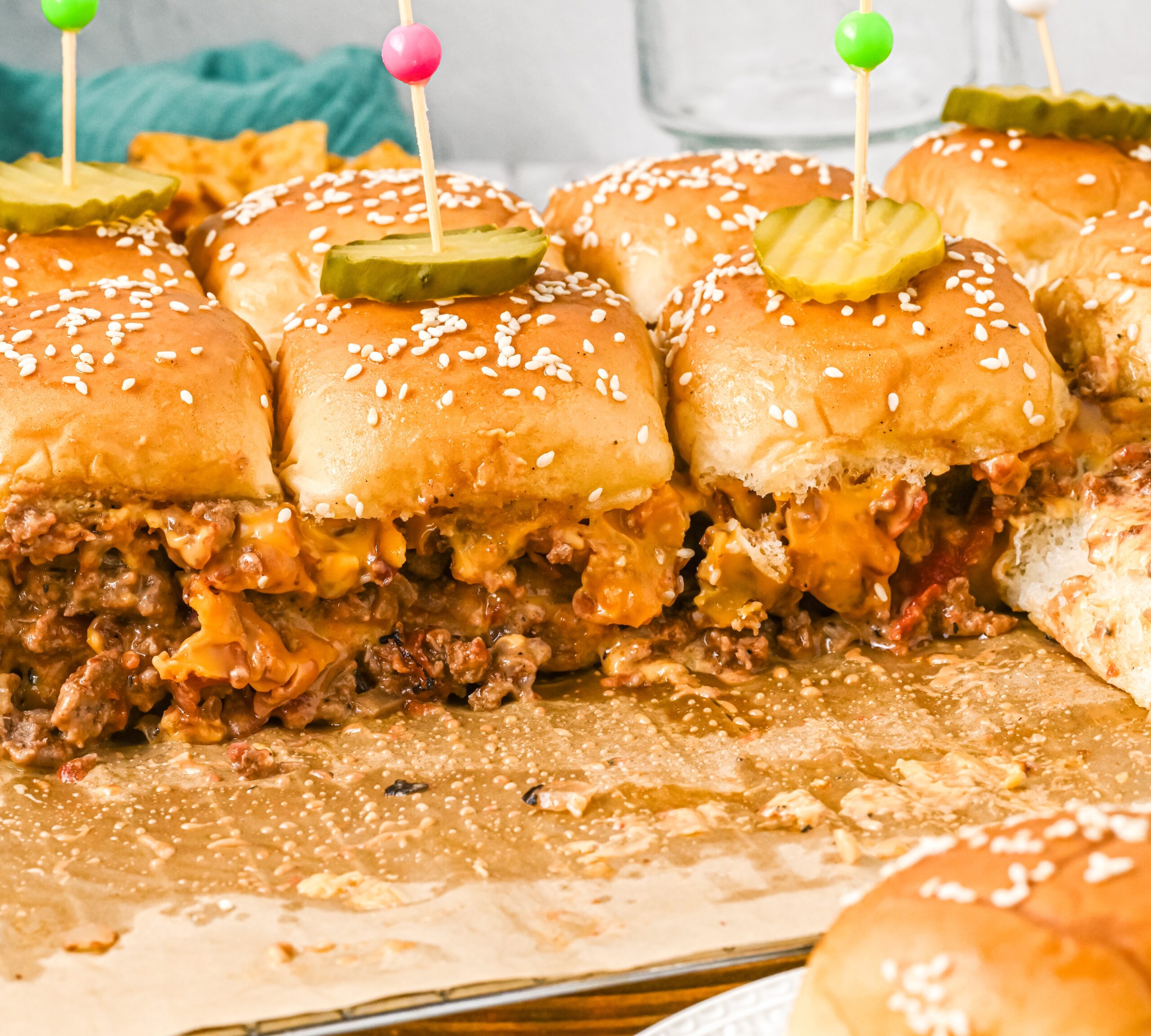 bacon cheeseburger sliders side view