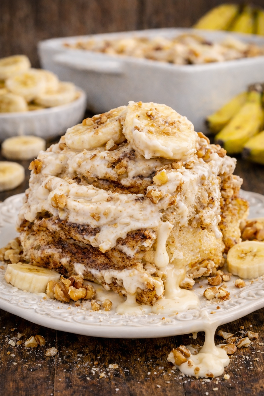 Banana nut cinnamon roll on a white plate with sliced bananas and extra icing