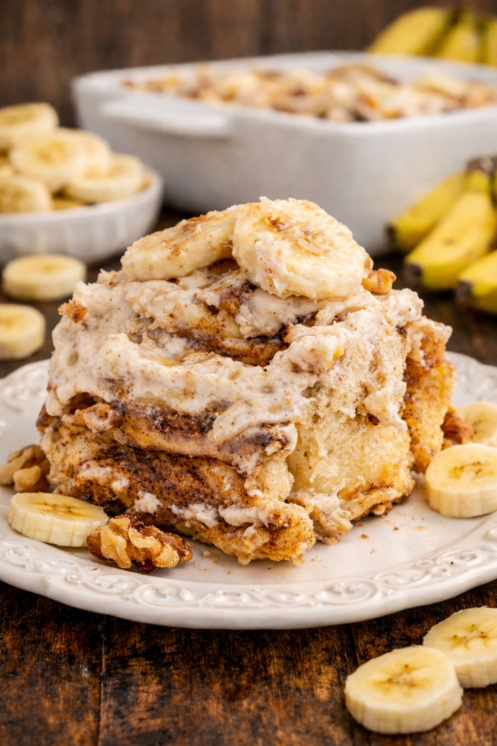 Banana nut cinnamon roll on a white plate with sliced bananas