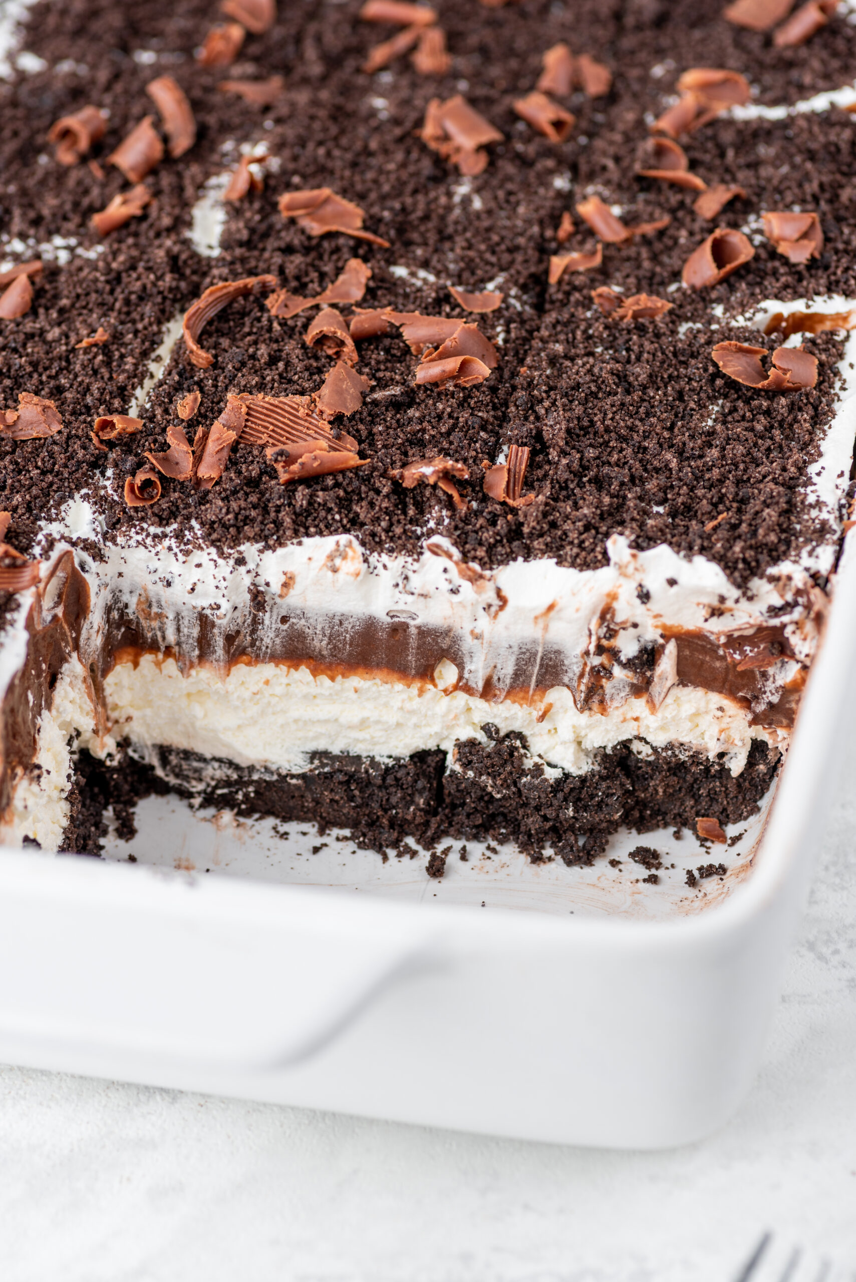 Chocolate Oreo Lush in a white baking dish 