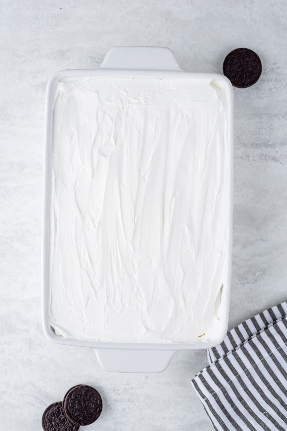 overhead look of Chocolate Oreo Lush in a casserole pan 