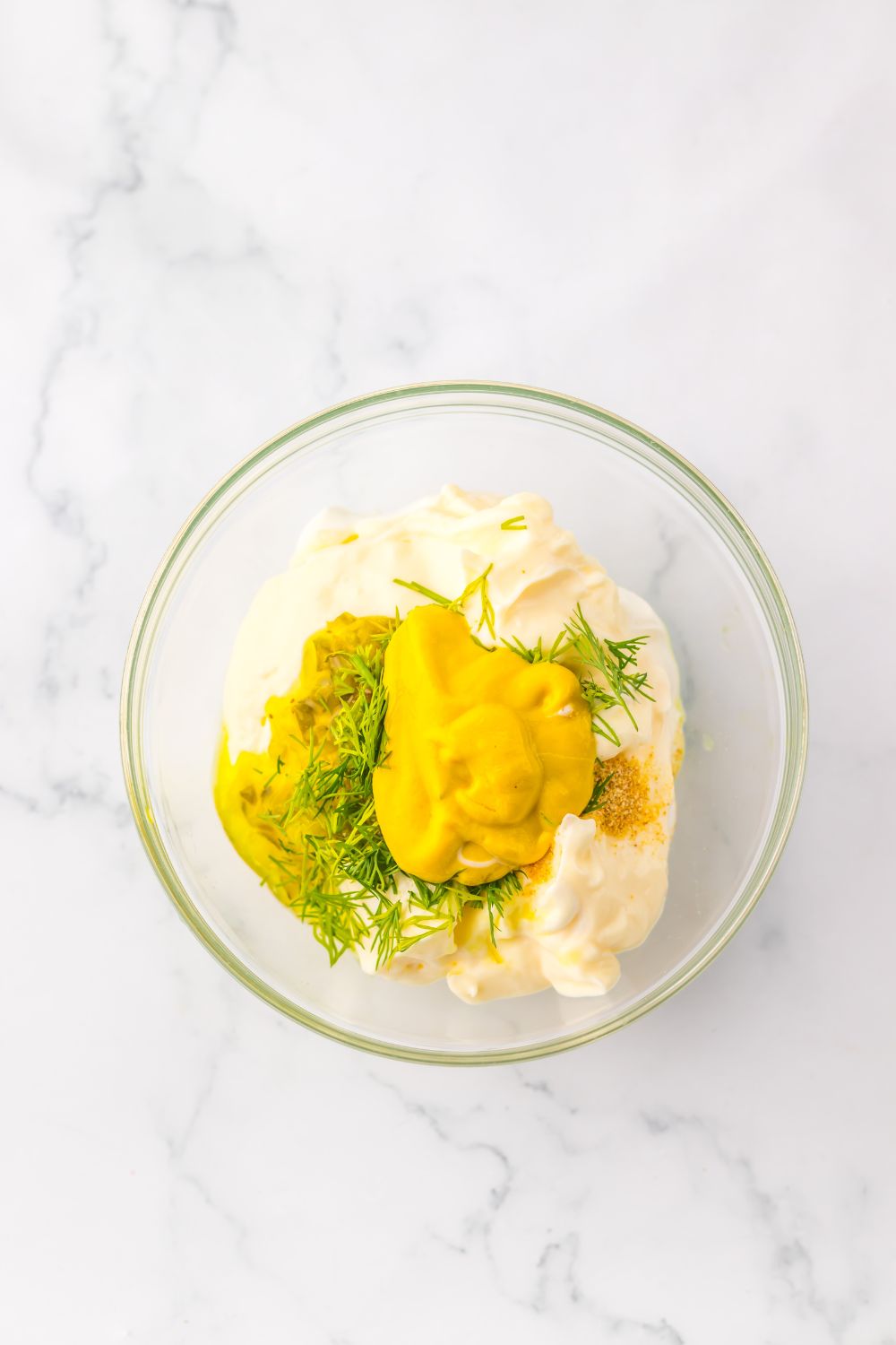 Pickle Chicken Salad creamy sauce ingredients in a small bowl 