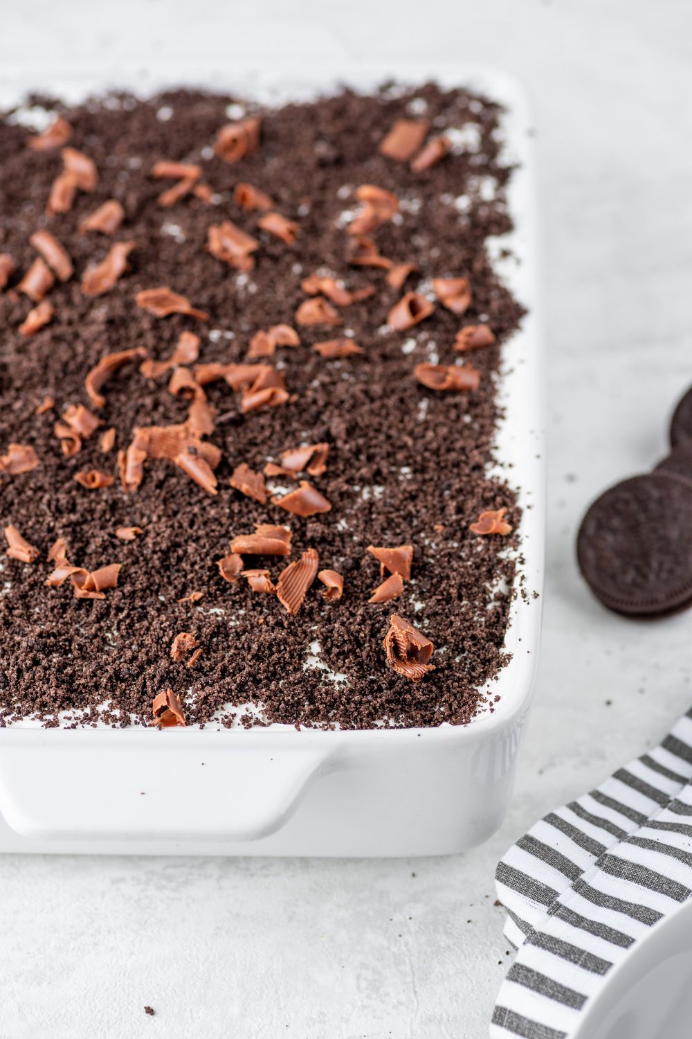 overhead look of Chocolate Oreo Lush in a pan on table 