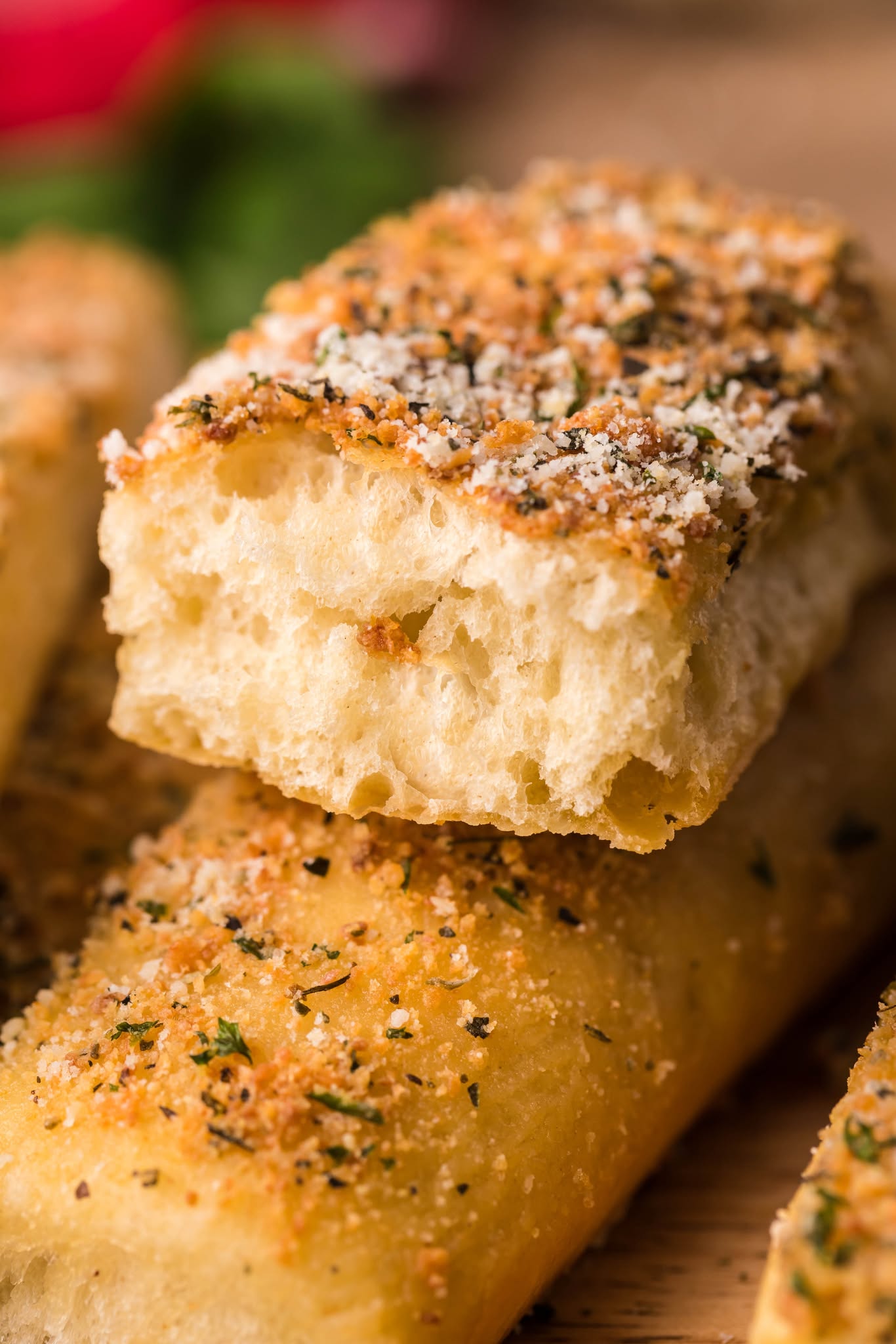 up close shot of the Copycat Pizza Hut Breadsticks cut open to show the fluffy inside