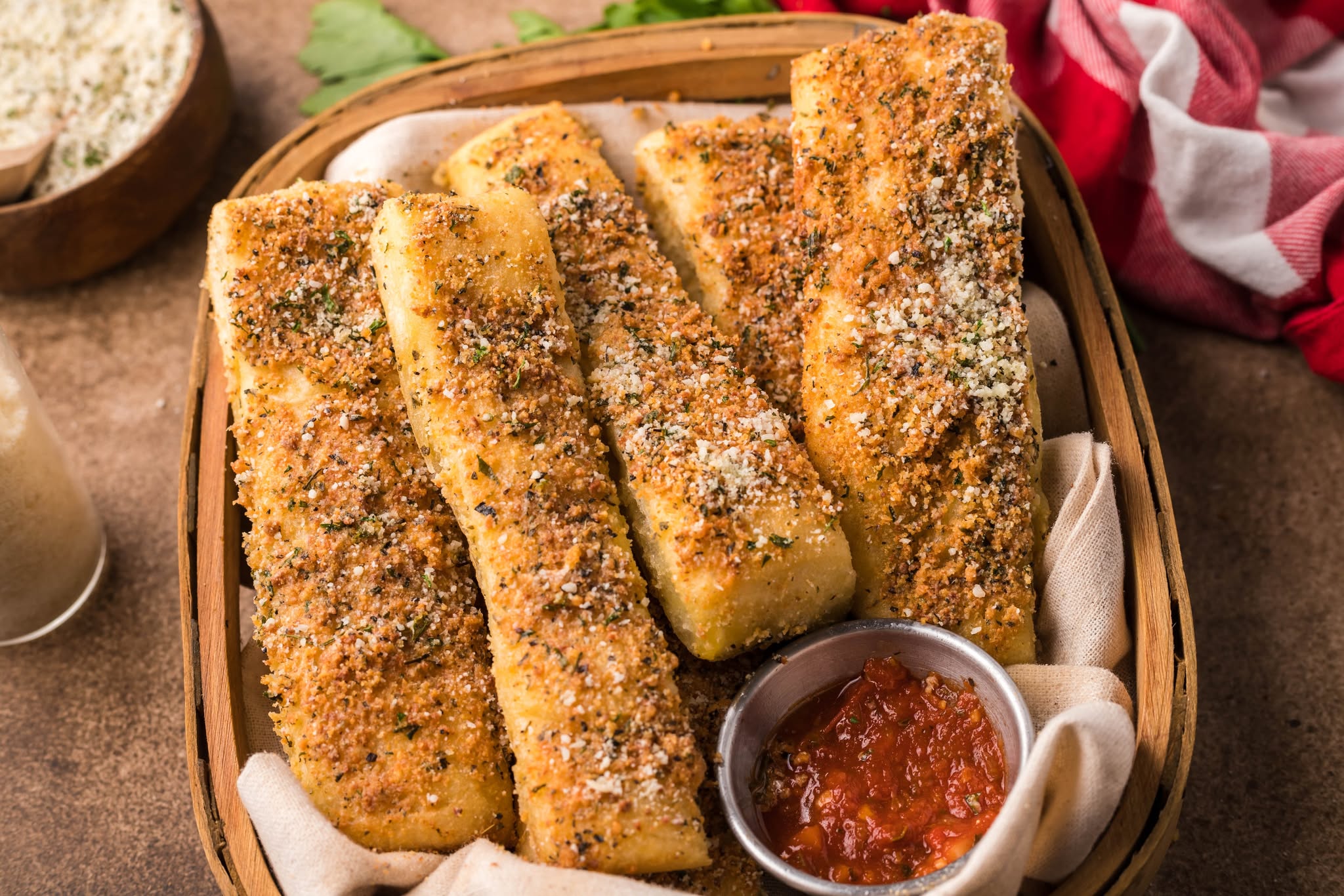 Copycat Pizza Hut Breadsticks in a wooden basket