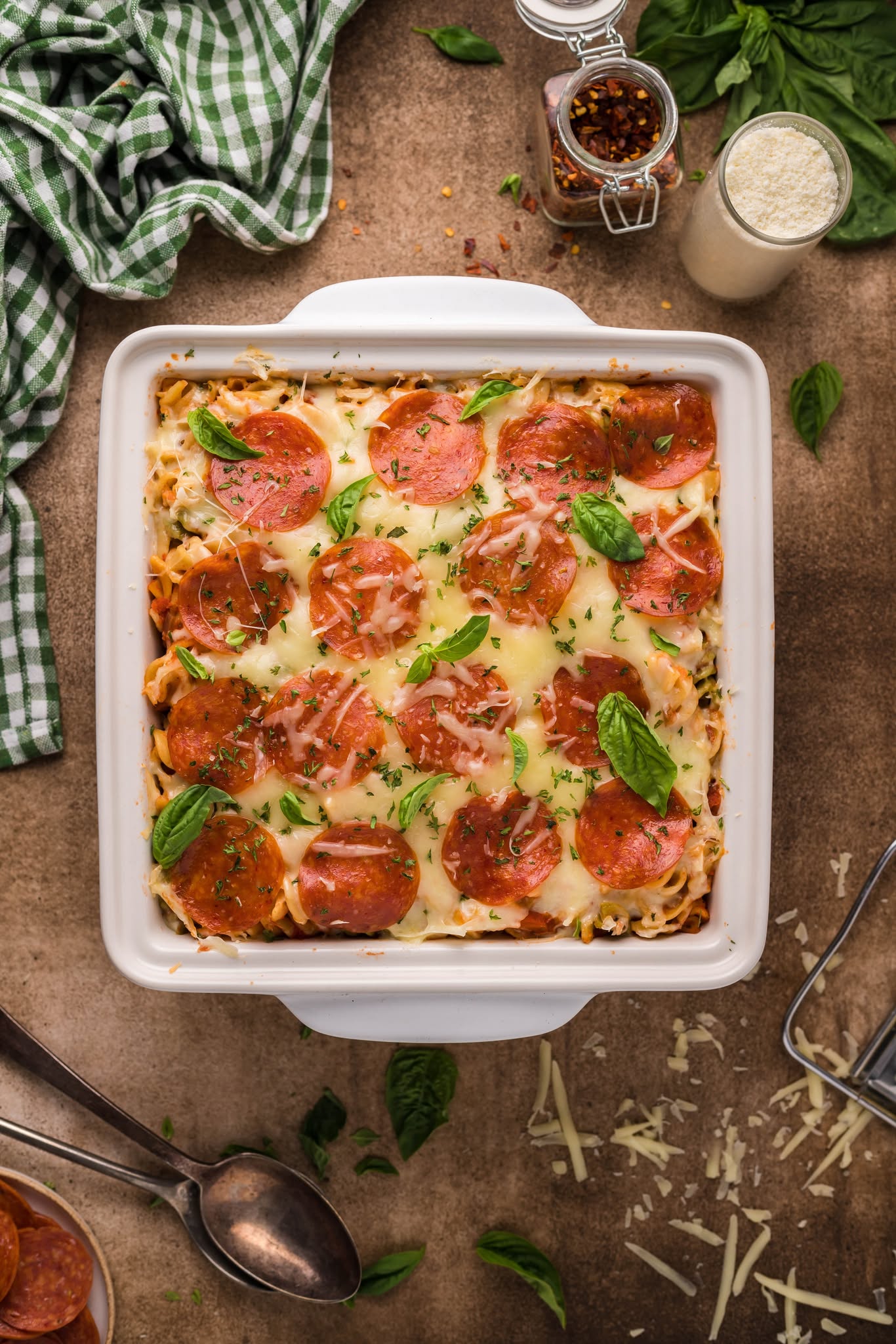 overhead shot of the Tik Tok Pizza Pasta Casserole in a white baking pan