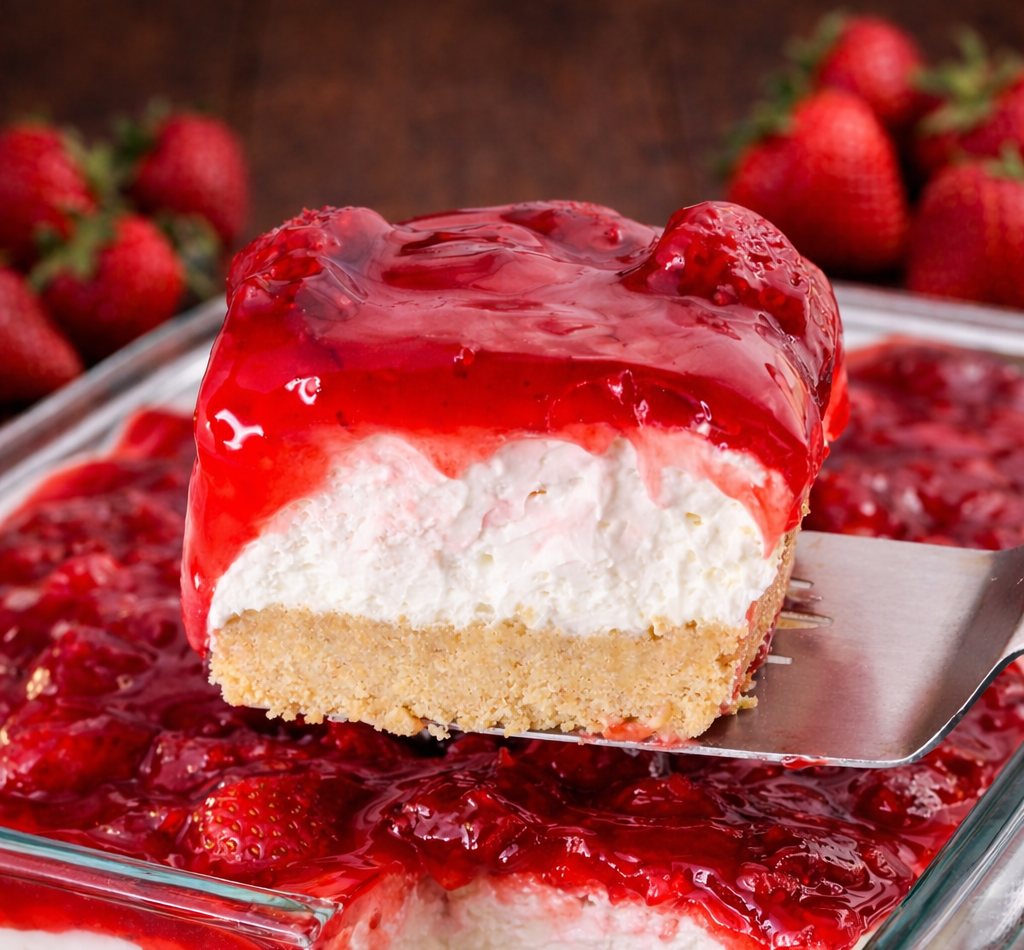 No Bake Strawberry Delight being lifted up by a spatula