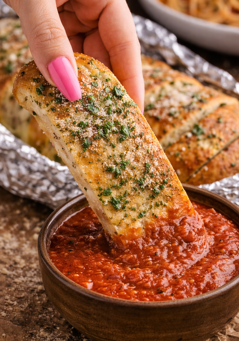 Copycat Pizza Hut Breadstick being dipped into a cup of marinara sauce