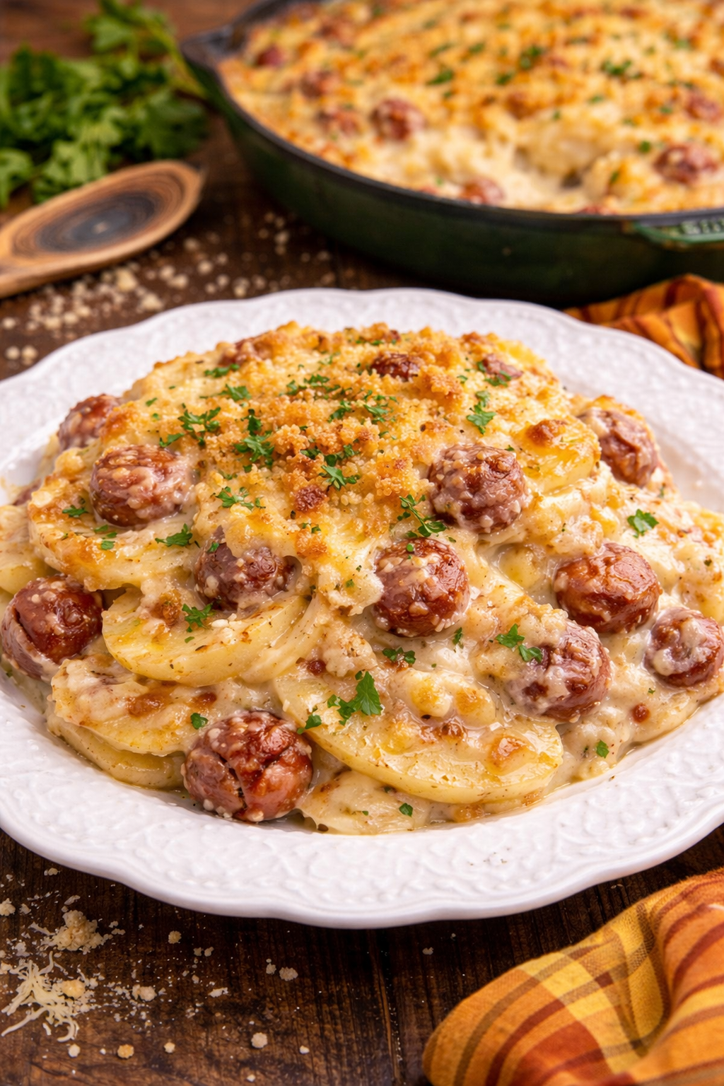 Au Gratin Potatoes & Sausage on a white plate