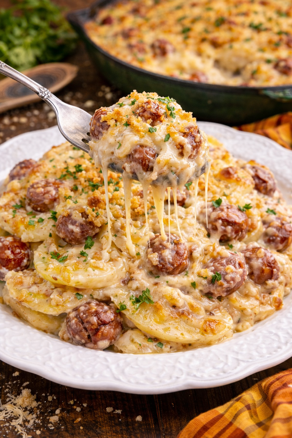 Au Gratin Potatoes & Sausage on a white plate with a spoon lifting up some