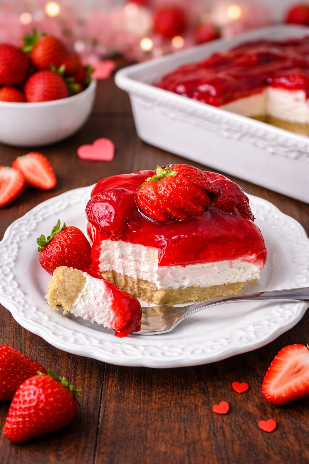 No Bake Strawberry Delight on a pretty white plate