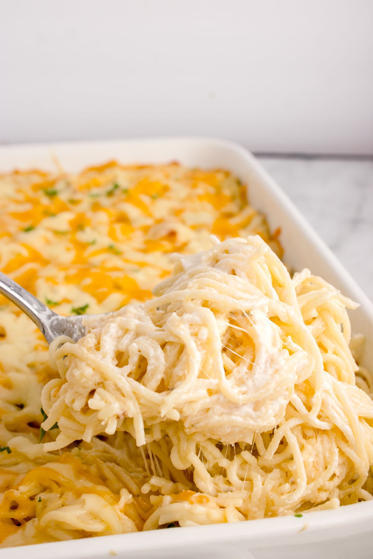 Chicken Tetrazzini in a casserole dish with a fork lifting up a big bite