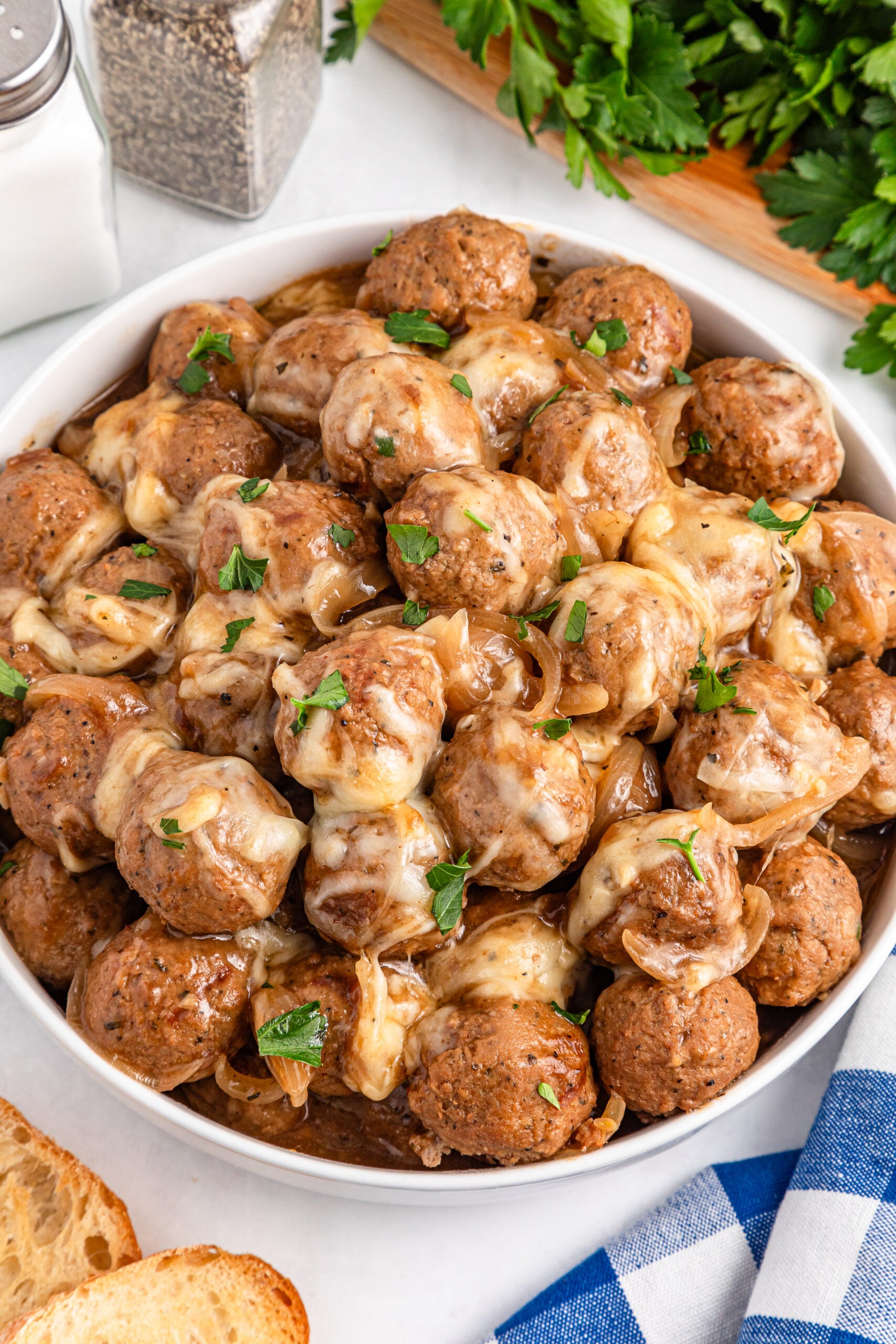 Crock Pot French Onion Meatballs in a white bowl