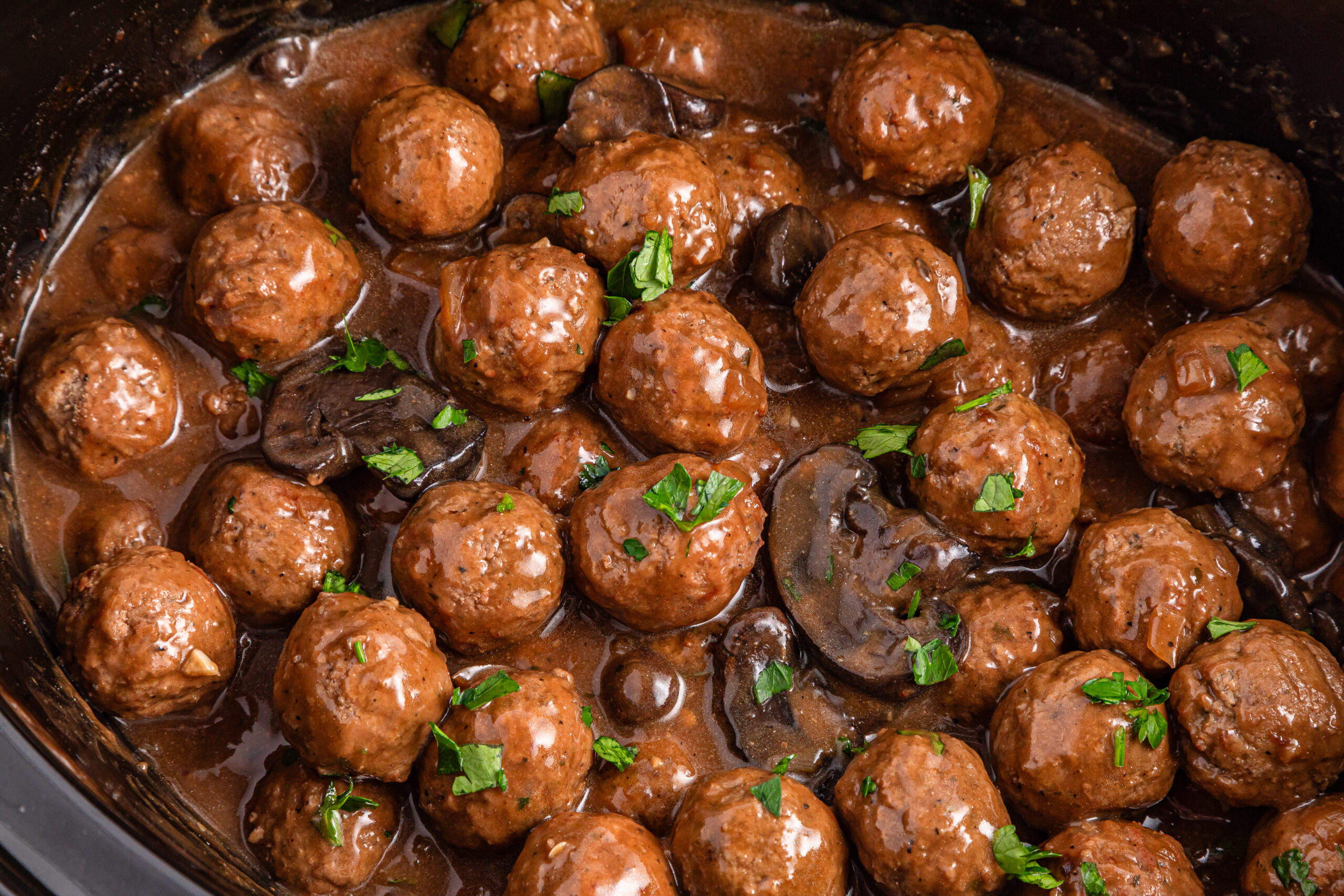 Salisbury Steak Meatballs in a black crock pot