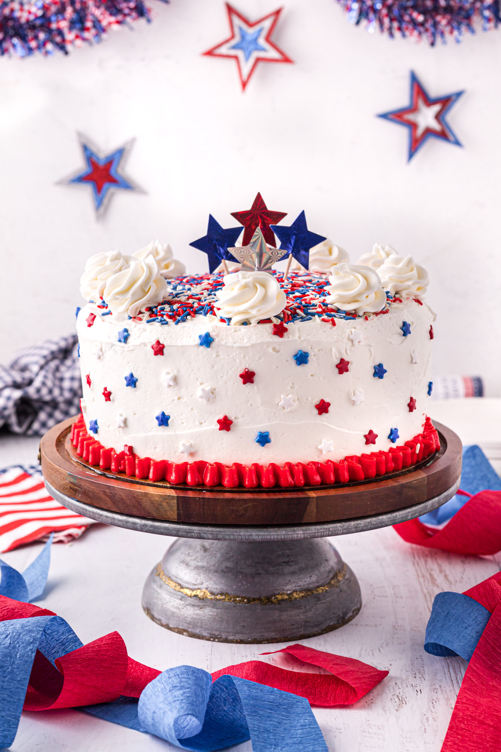 4th of July Cake on a wooden cake stand