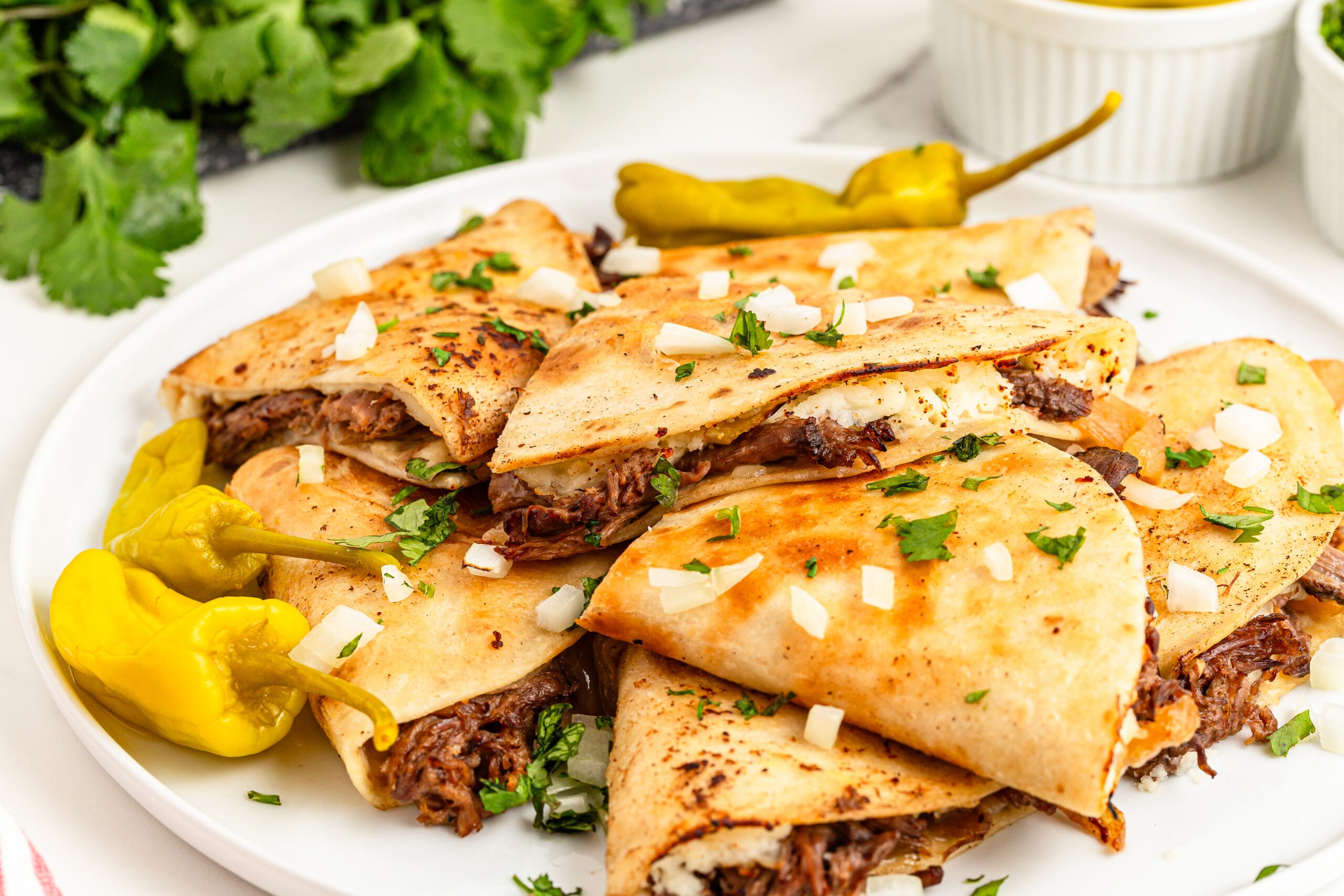 side angle of the Mississippi Pot Roast Quesadillas piled on a plate