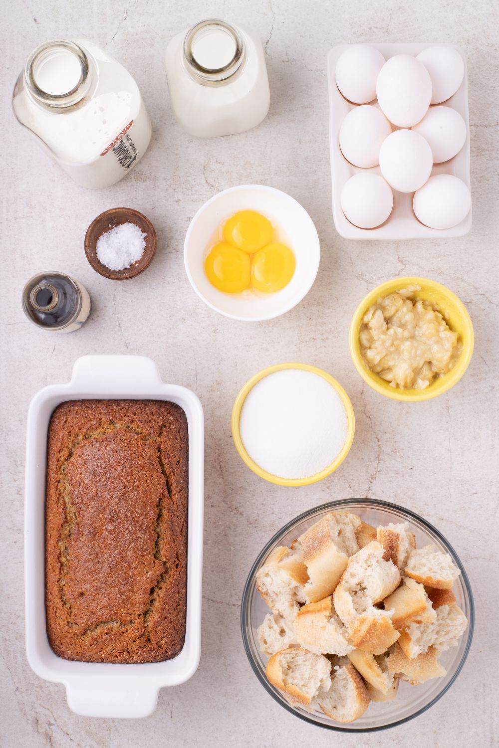 Banana Bread Pudding ingredients in single serve containers on the table