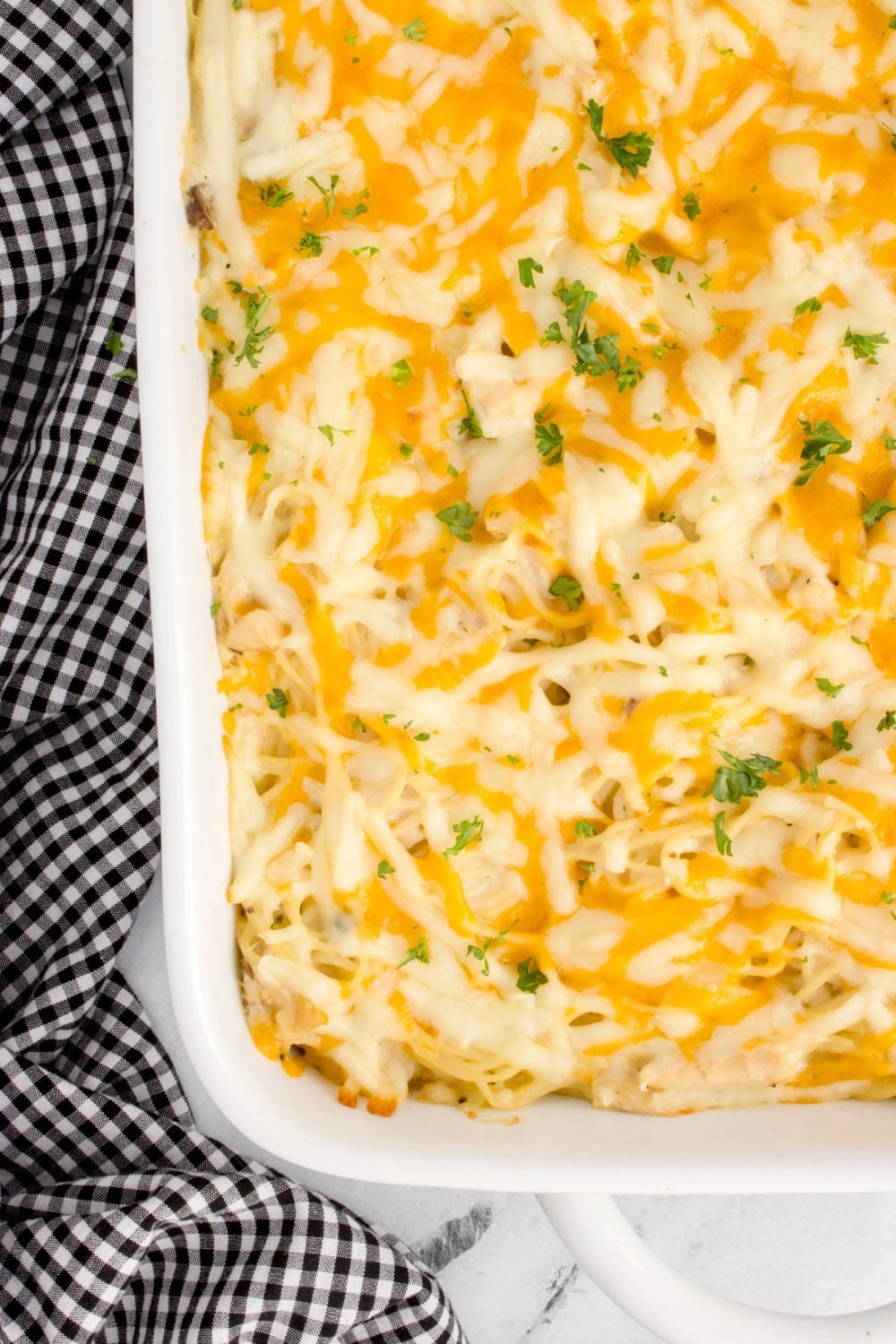 overhead look of chicken tetrazzini in pan on table