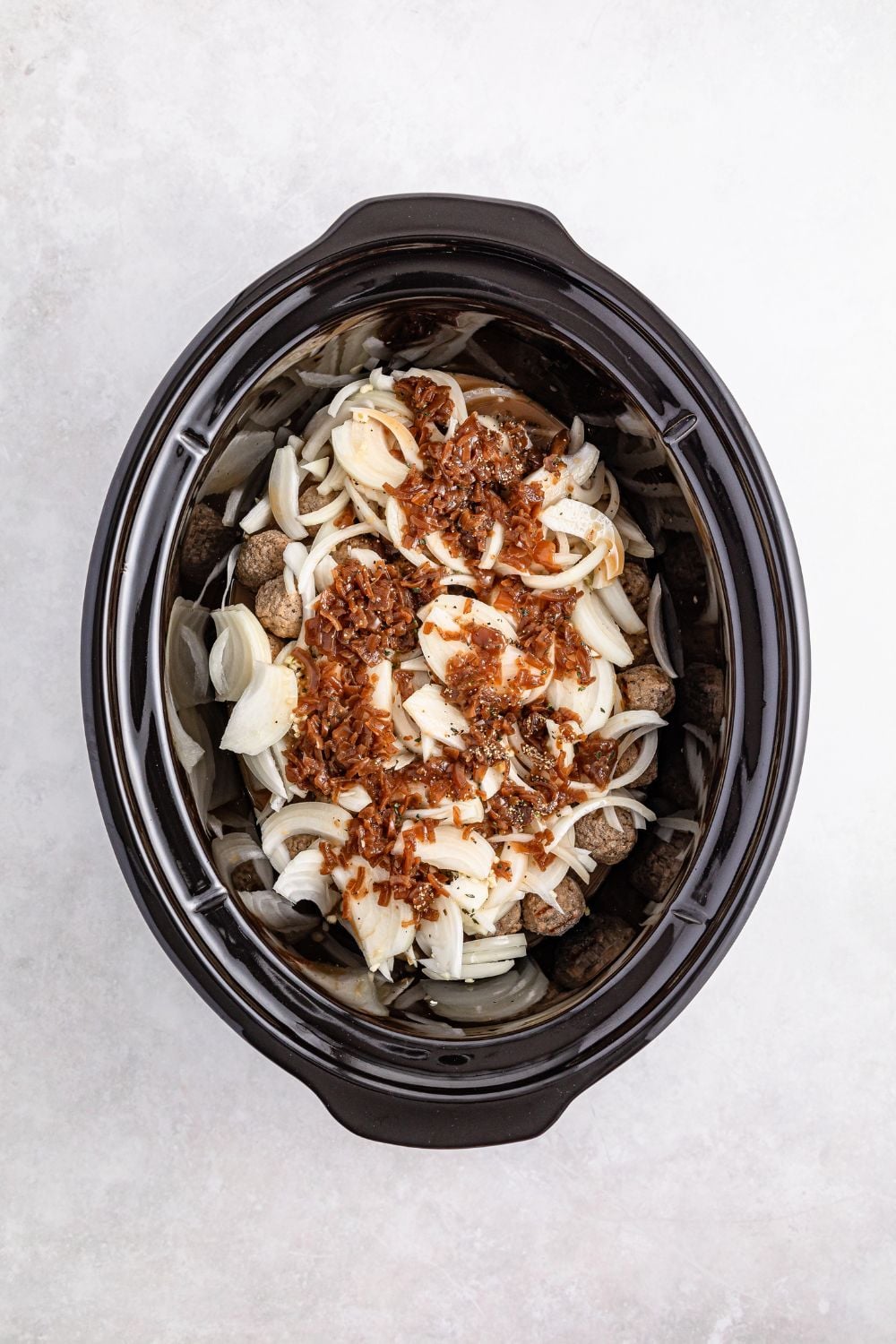 Crock Pot French Onion Meatballs ingredients in a crock pot