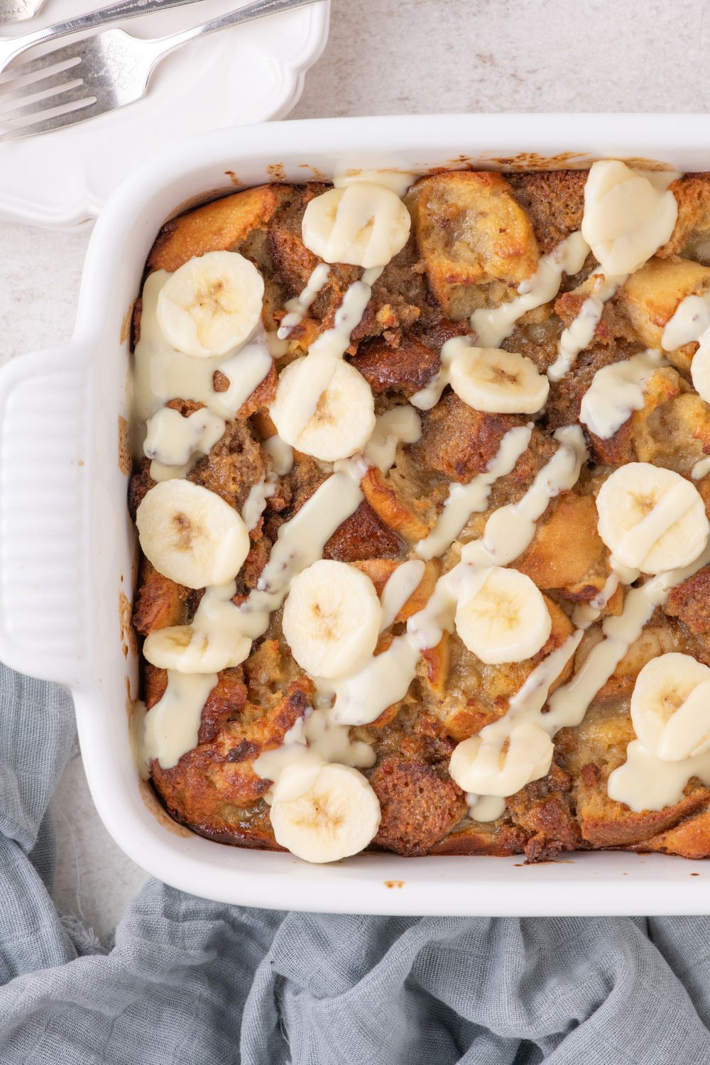 overhead look of Banana Bread Pudding in a pan