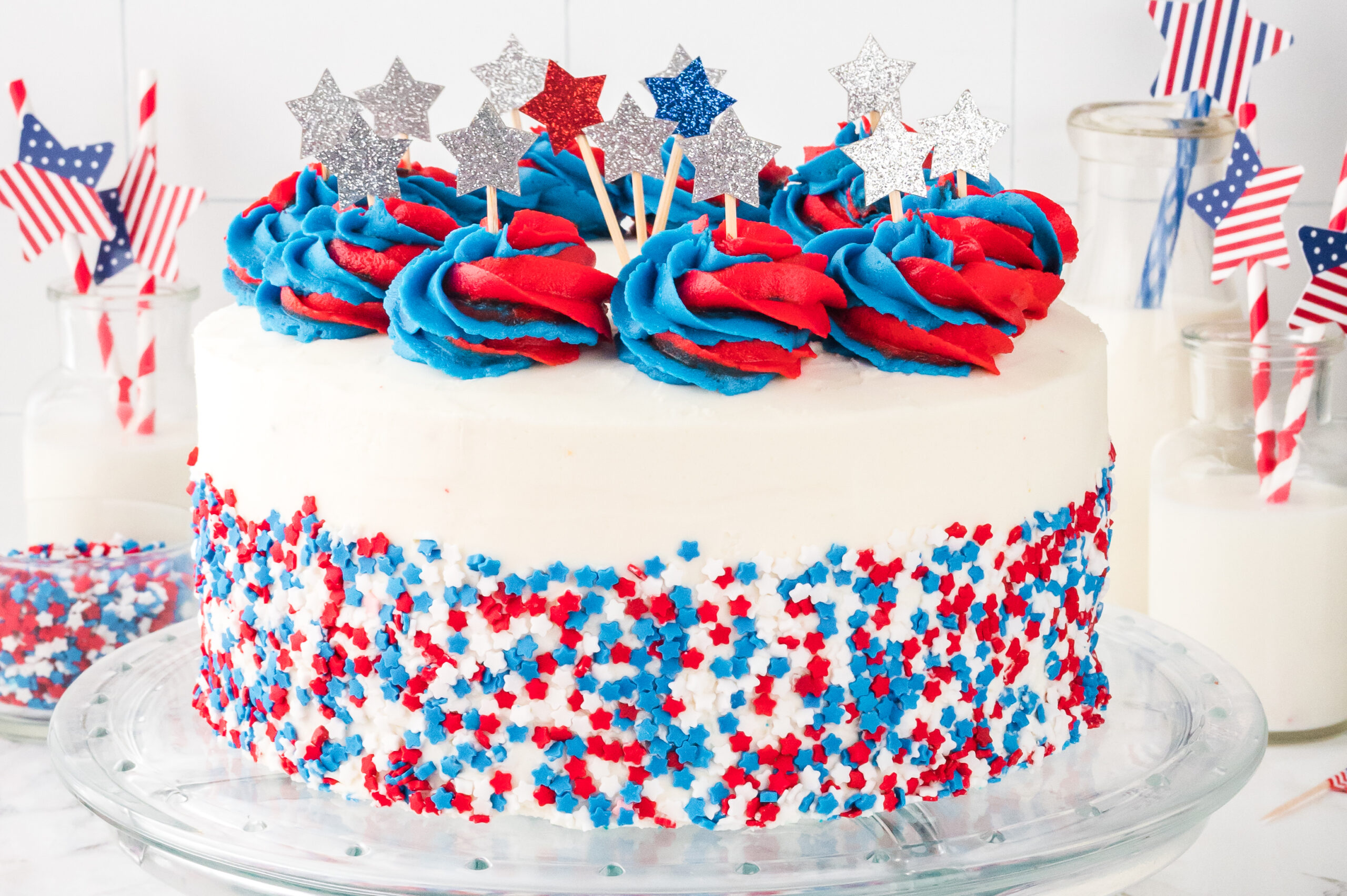 American Flag Layered Cake on a clear cake platter