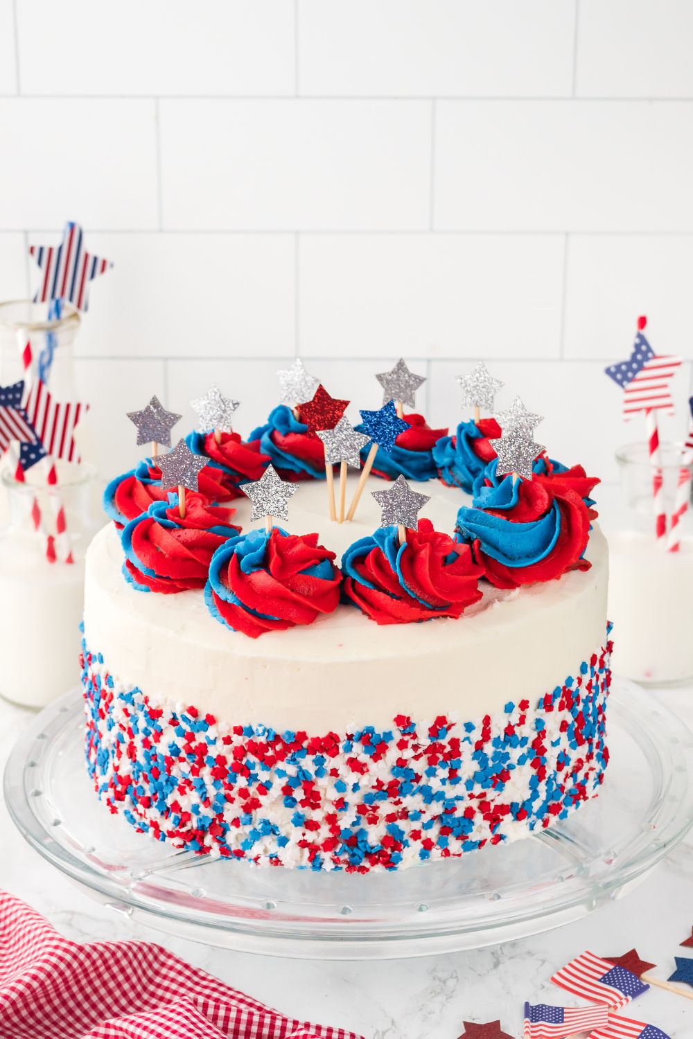 American Flag Cake on 
 cake plate on table 