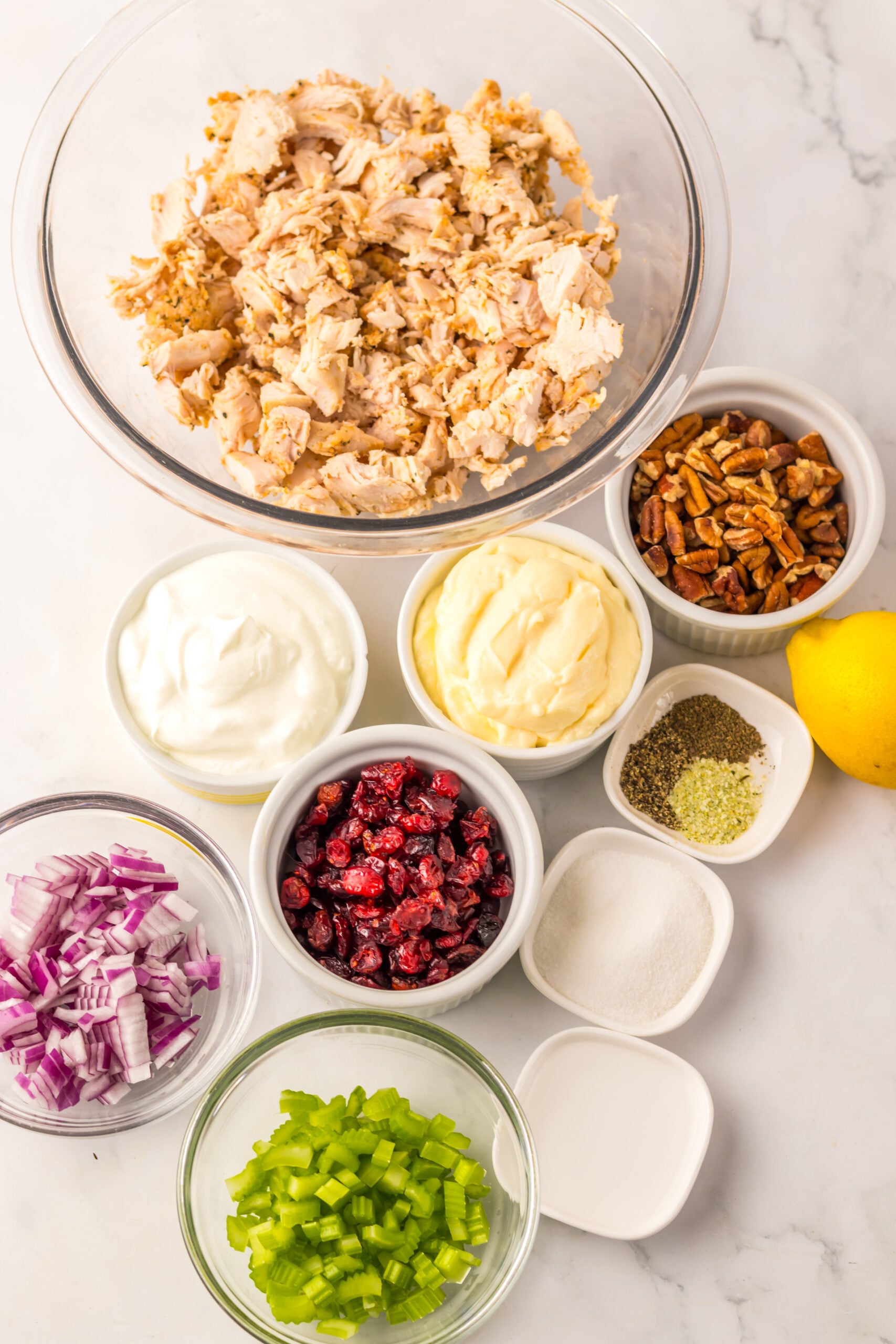 Cranberry Pecan chicken salad ingredients on a white marble table