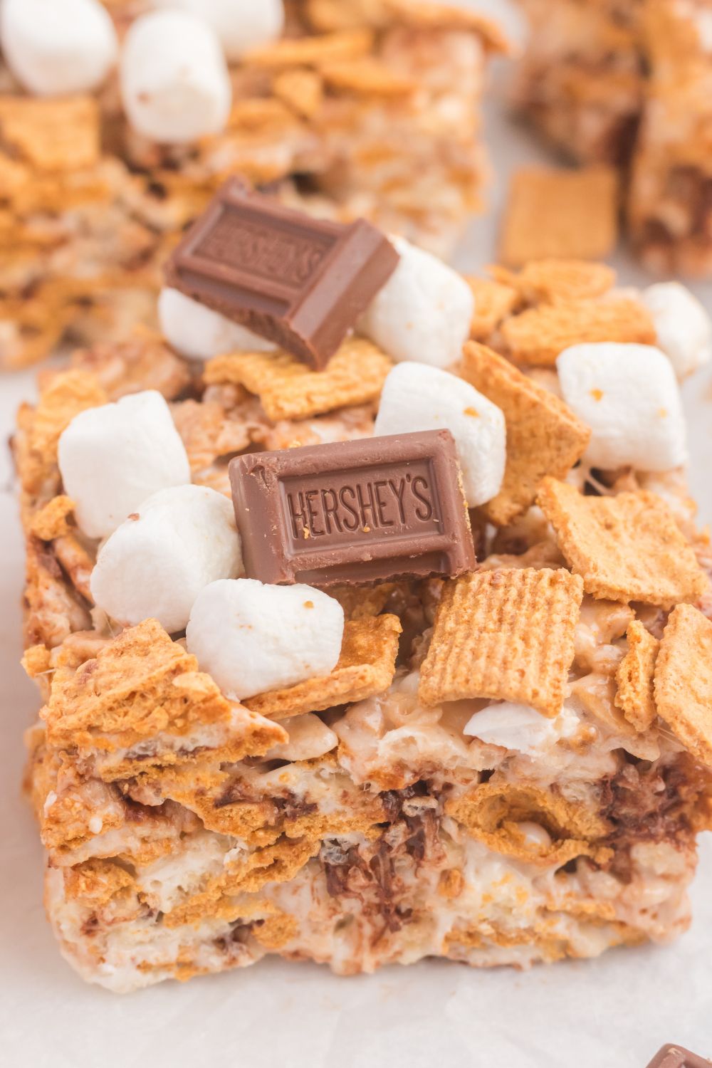 close up view of S’mores Rice Krispie Treats on counter