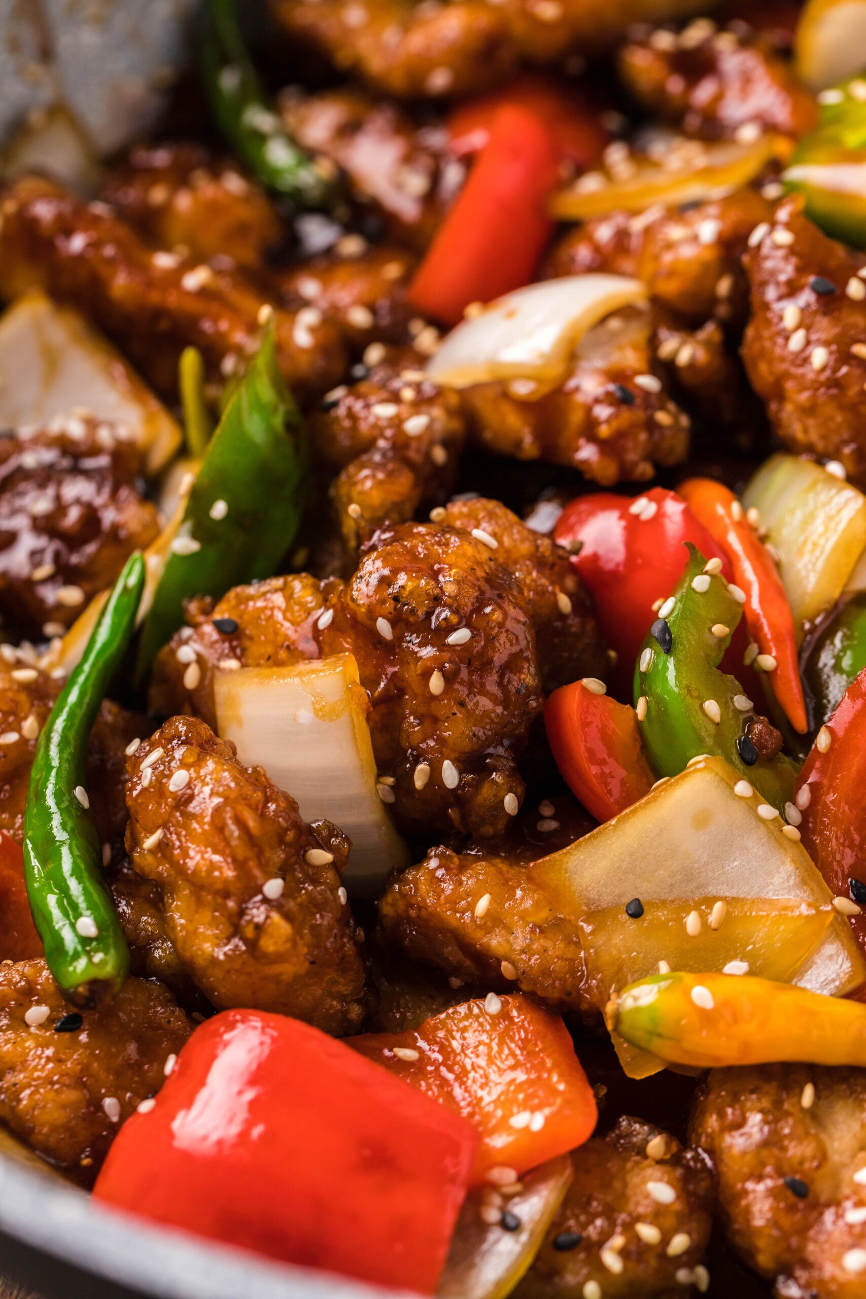 up close shot of the General Tso Chicken in a skillet