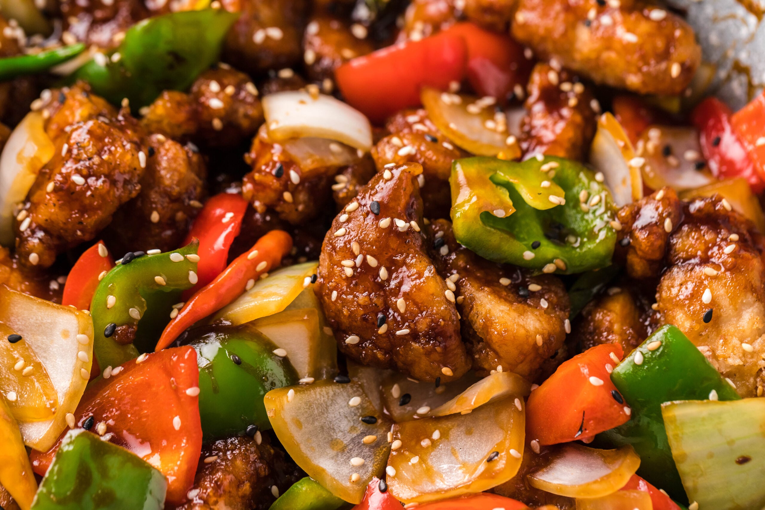 very up close shot of the tender General Tso Chicken