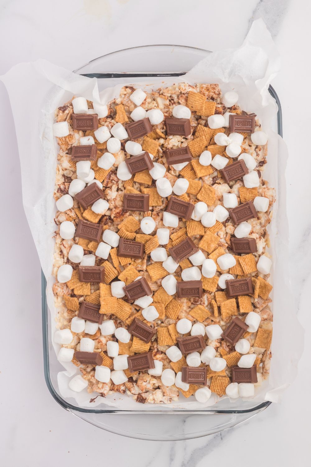 S’mores Rice Krispy Treats in a casserole dish 