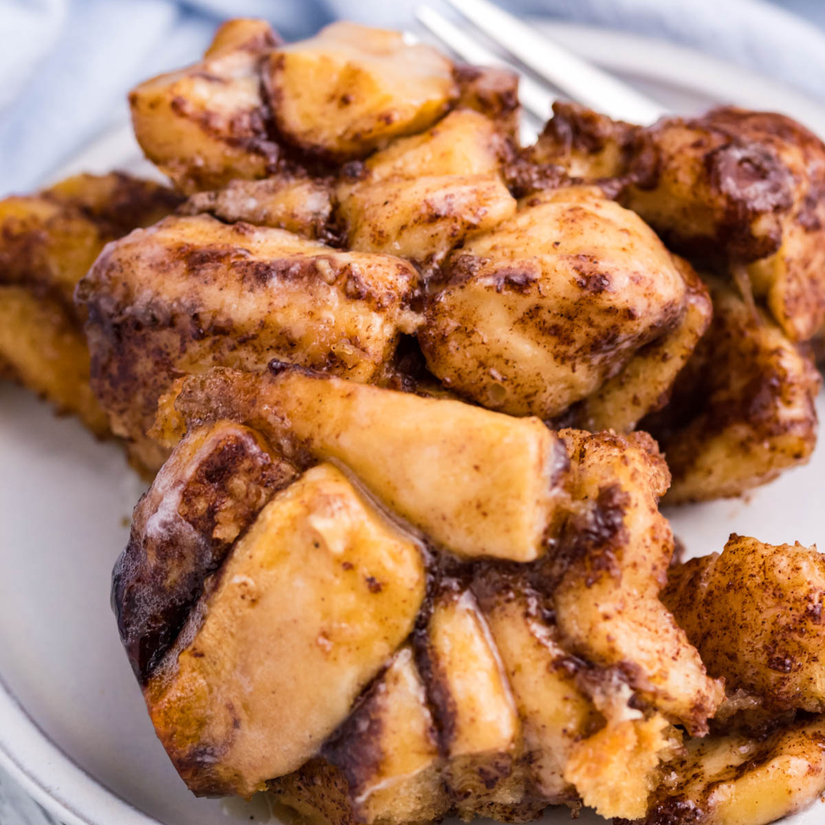 Up close view of the cinnamon sugar on the casserole on a white plate