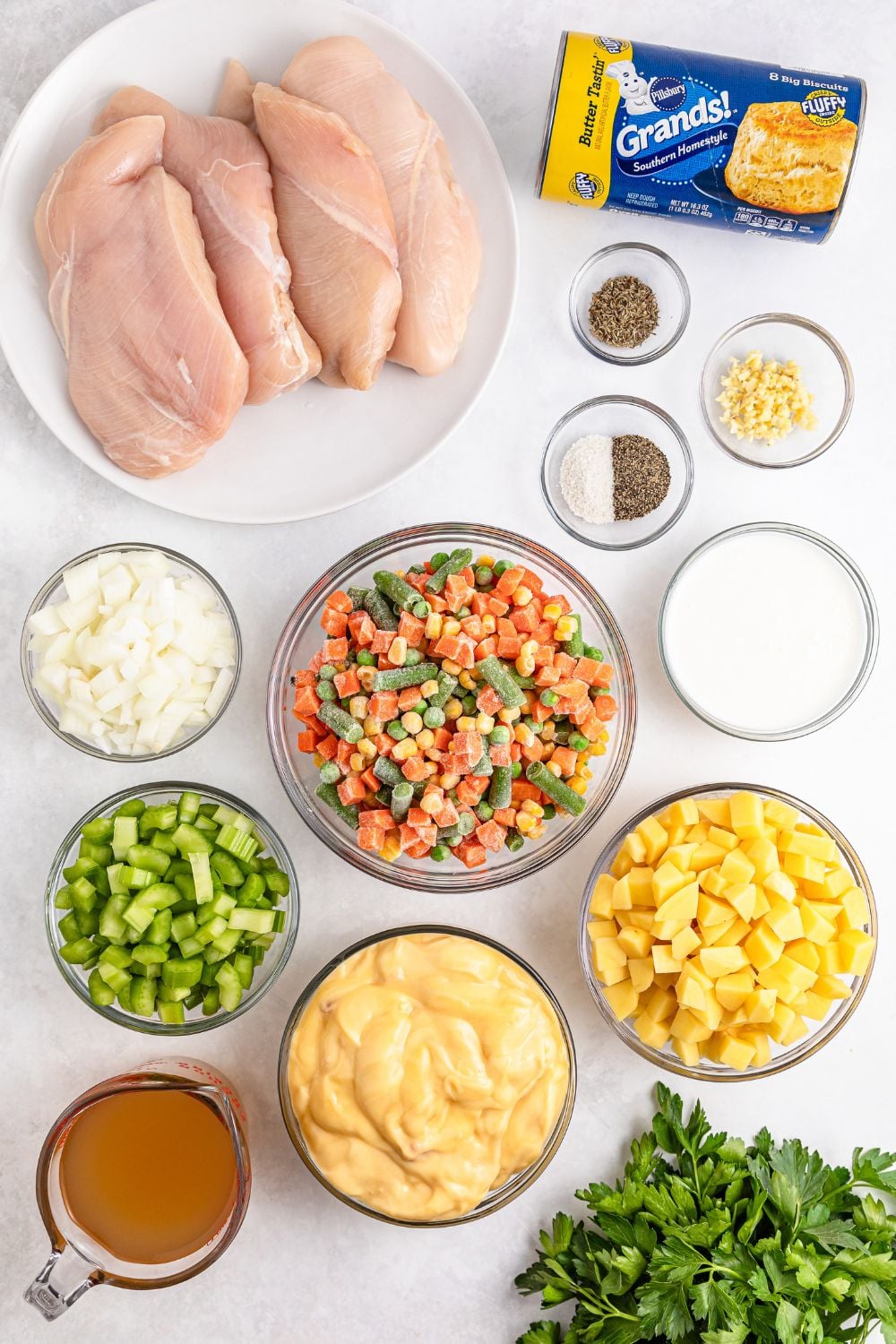 ingredients for chicken pot pie in single serve bowls