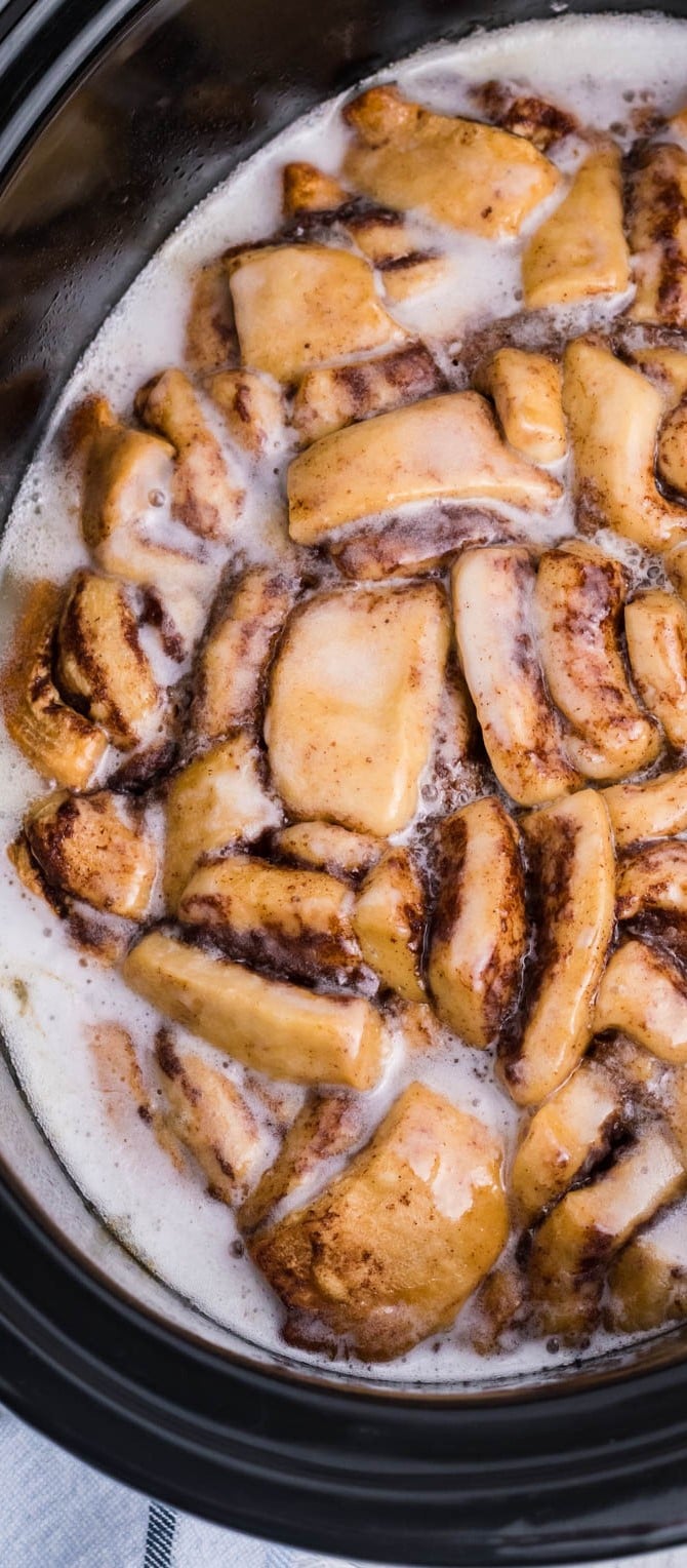Cinnamon Roll Casserole up close covered in icing