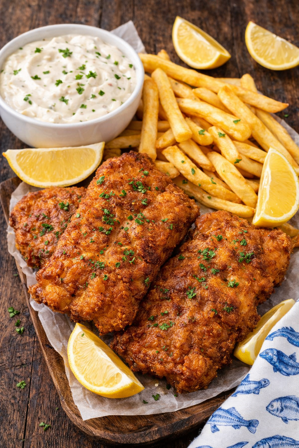 Up close shot of the Air Fryer Fish And Chips on a platter with fries and lemon wedges and tartar sauce on side