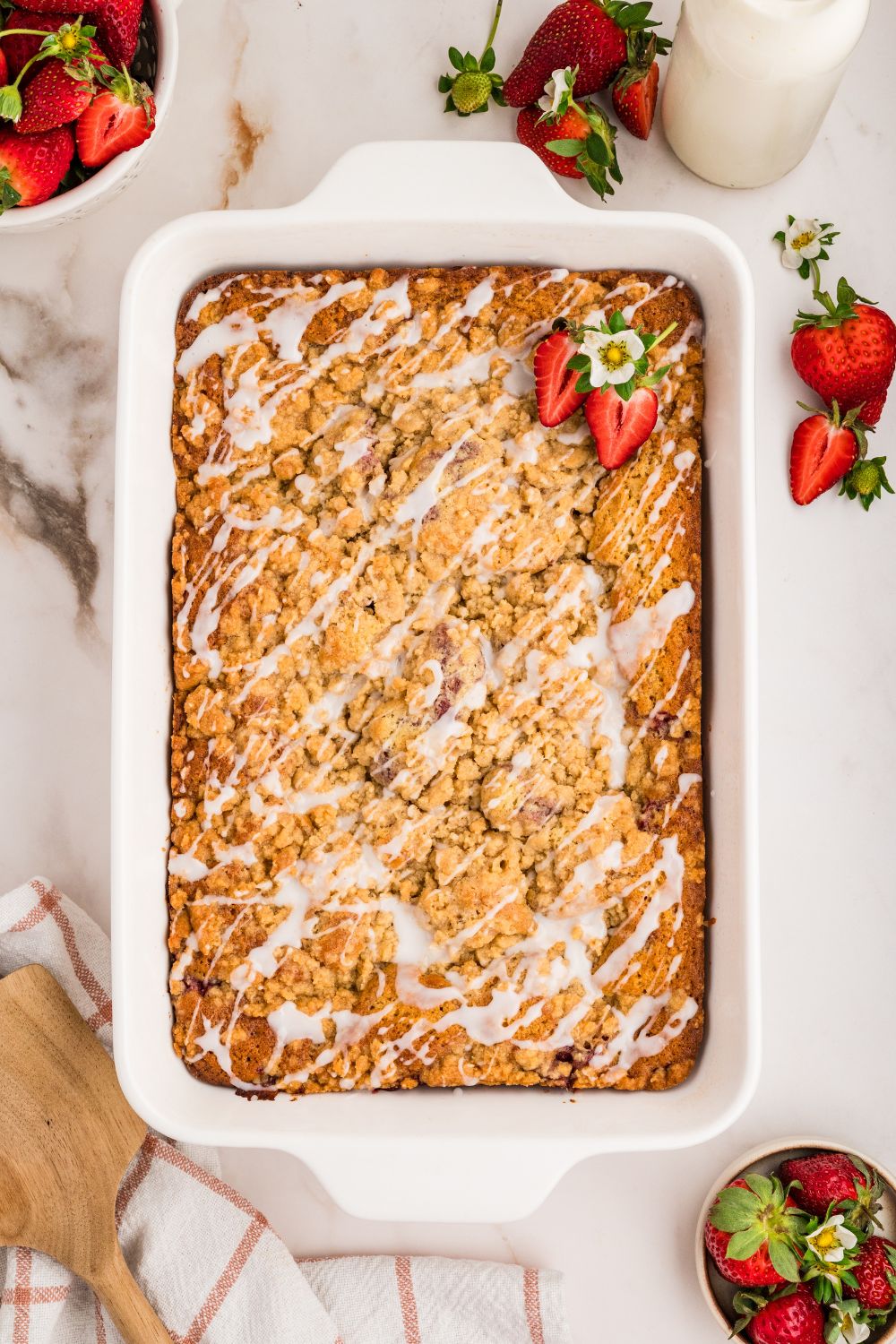 overhead shot of Strawberry Coffee Cake in pan on table