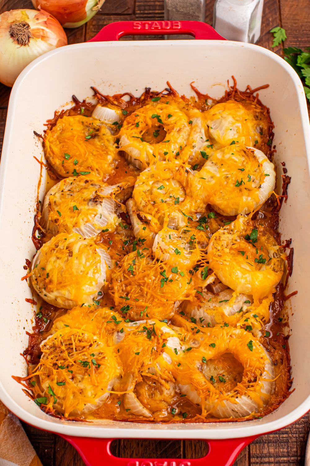 Cheesy Tennessee Onions in casserole pan on table