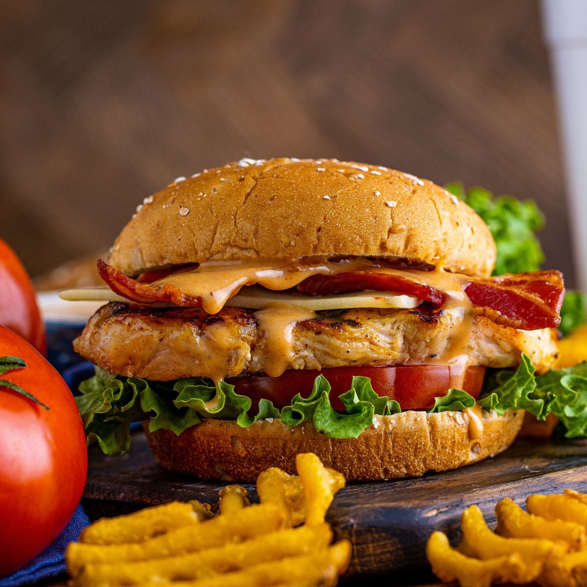 Chick Fil A Grilled Chicken Sandwich on table with tomatoes to the side and waffle fries in front of the sandwich