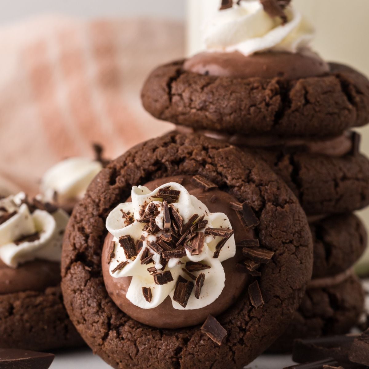 Chocolate Pie Cookies stacked on table