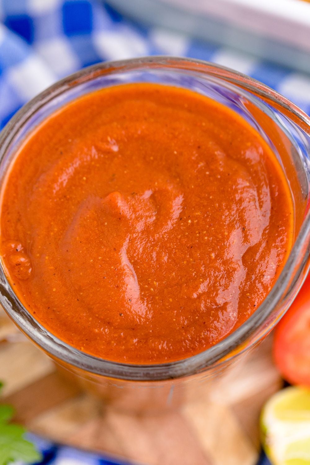 overhead view of Homemade Enchilada Sauce in a container 