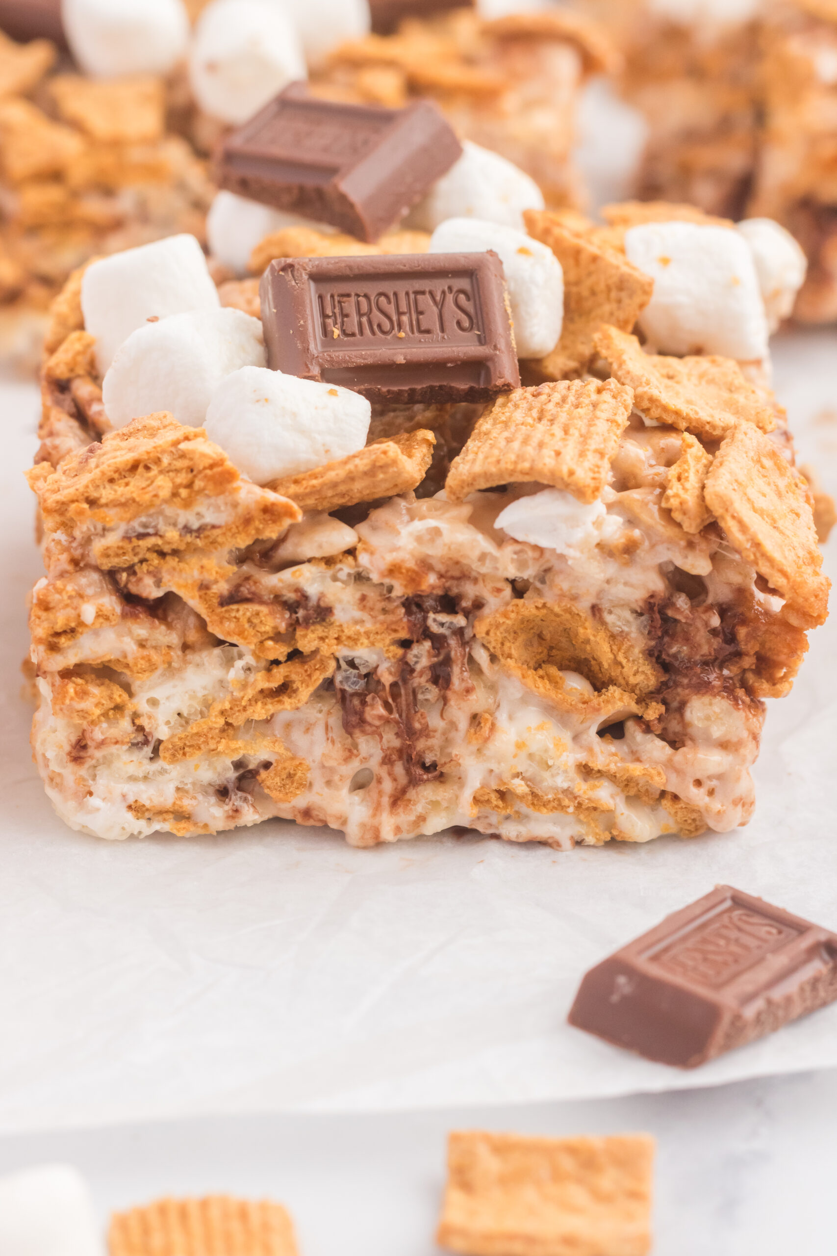 S’mores Rice Krispie Treats up close on a table